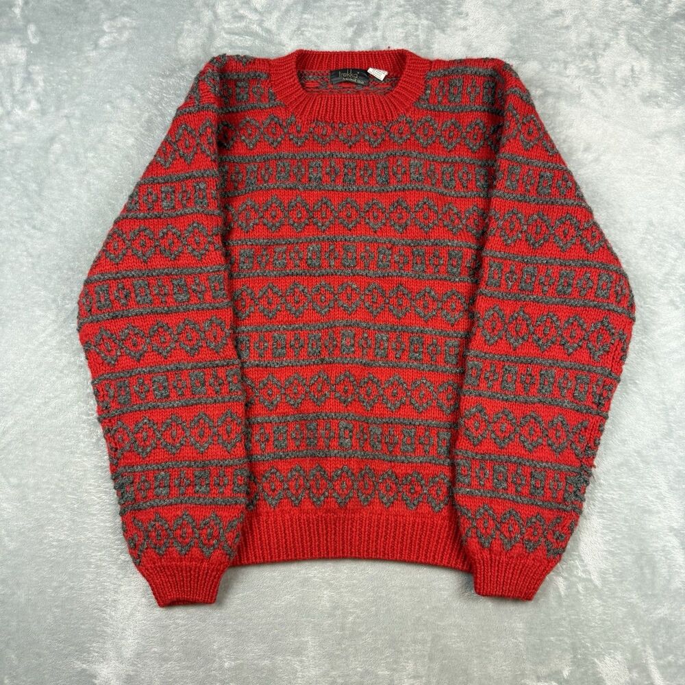 Trekka 100% Wool Fair Isle Nordic Sweater Red Gray Made in Hong Kong Men’s M
